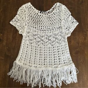 Sliver Jeans Crochet Sweater Top Fringe Boho Festival Tribal Aztec Beachy Size L